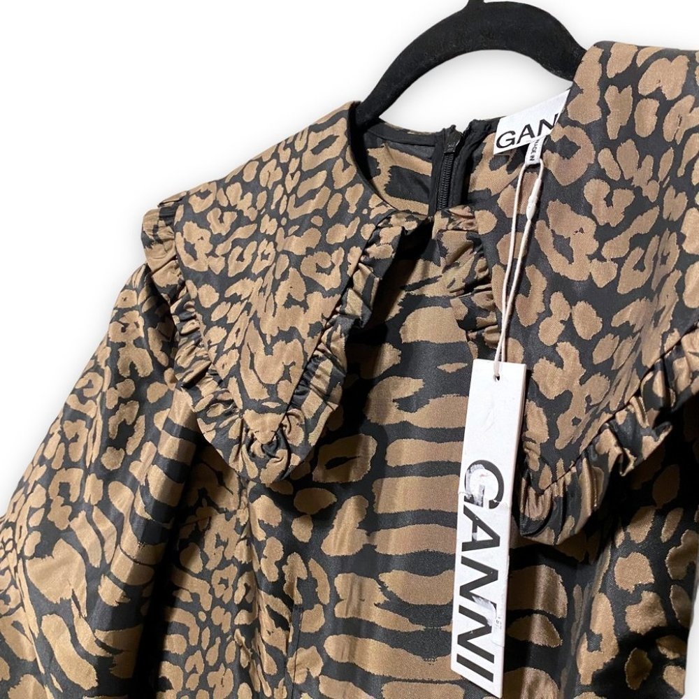 NWT Ganni Jacquard Puff Sleeve Leopard Animal Print Satin Mini Dress Size 2 - Picture 7 of 8